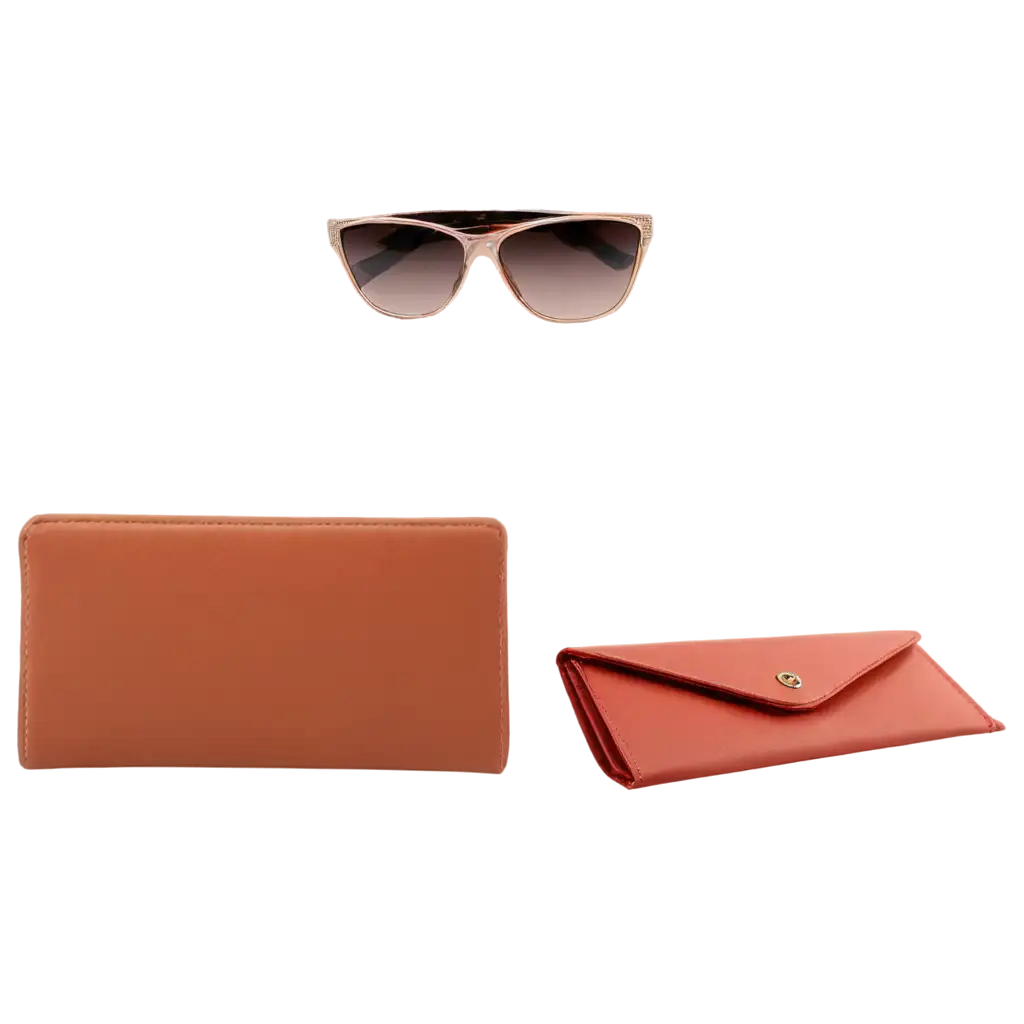 there are women's sunglasses folded on the table, next to a beautiful wallet in a similar color