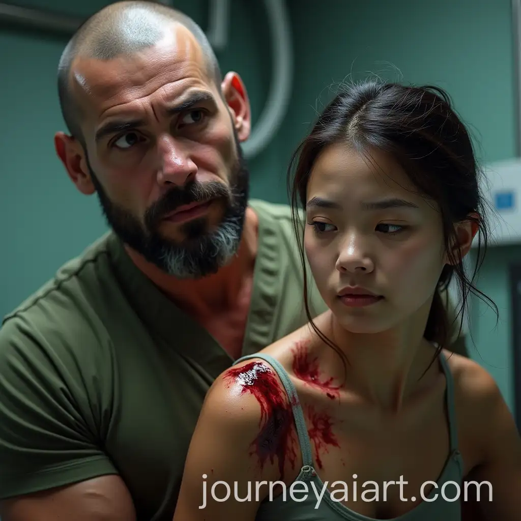 Muscular-Bodybuilder-Protecting-Petite-Veterinarian-in-a-Veterinary-Clinic