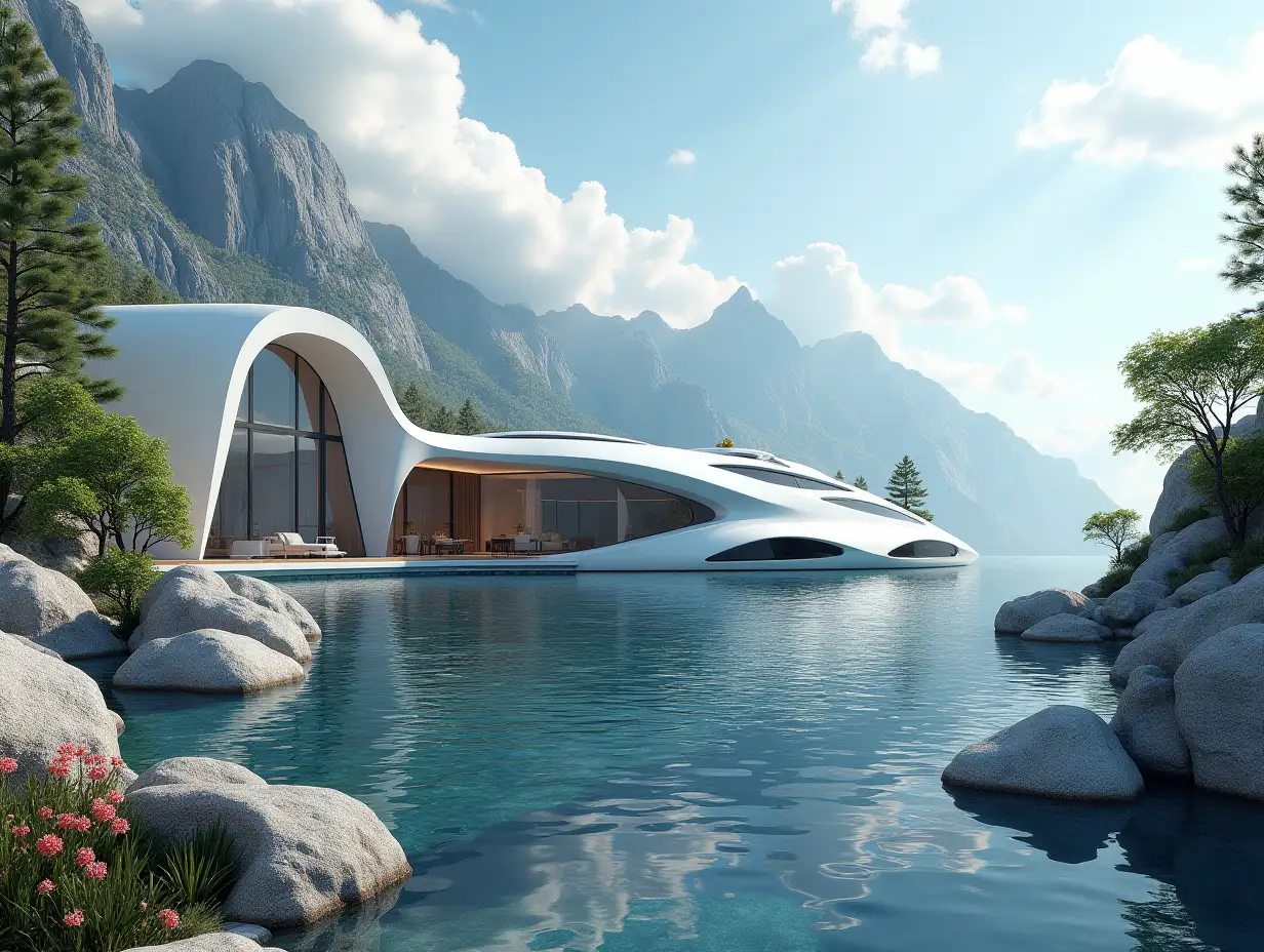 Create a high-resolution realistic image in 4k resolution a futuristic white building with curved pillars, mountains large trees, rocks flowers a futuristic big gray and glass yacht with windowed sky cloudy