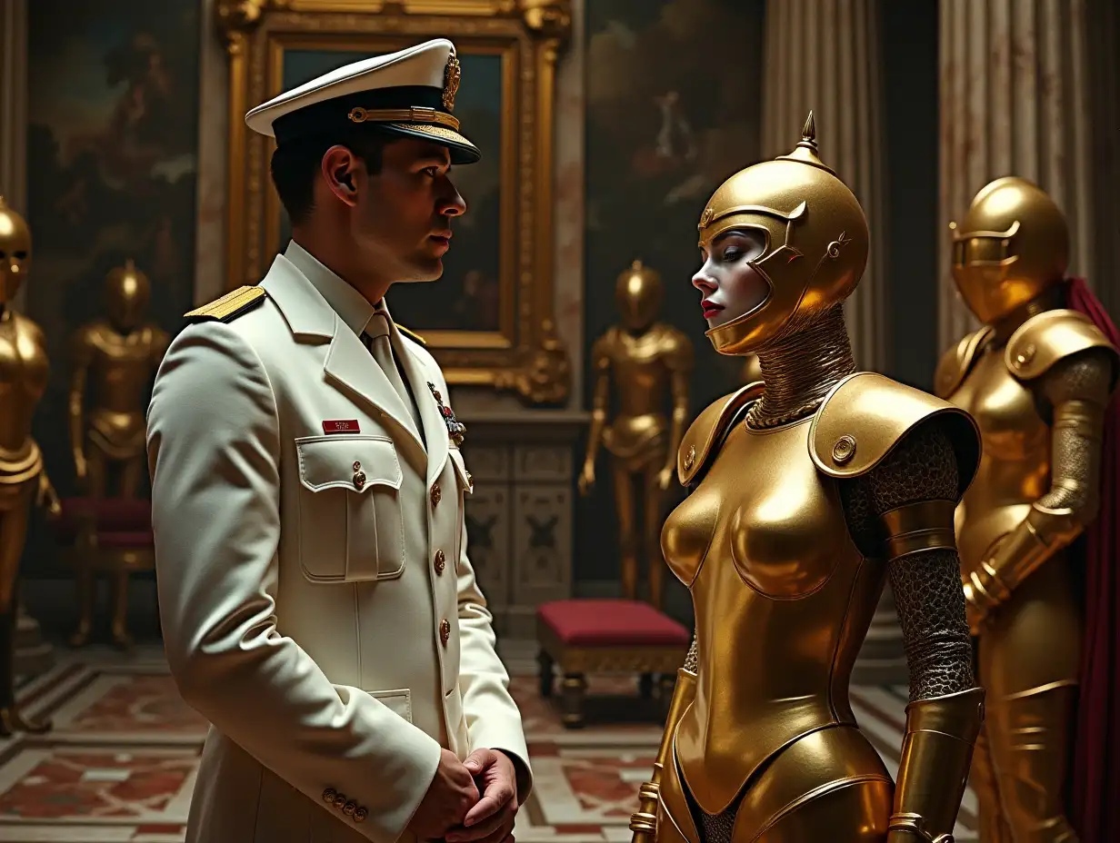 Realistic image of a man in white officer’s uniform, strange hybrid of women in golden armor talking to him, in a huge marbled room of a mansion, richly decorated with paintings and gold armor, fantastic style, burlesque, grotesque, dark colors