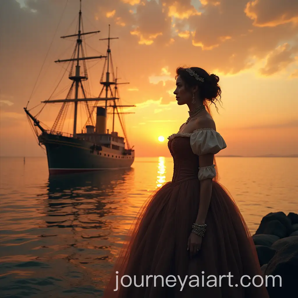 Old-Steamship-at-Sunset-with-Young-Woman-in-1836-Style