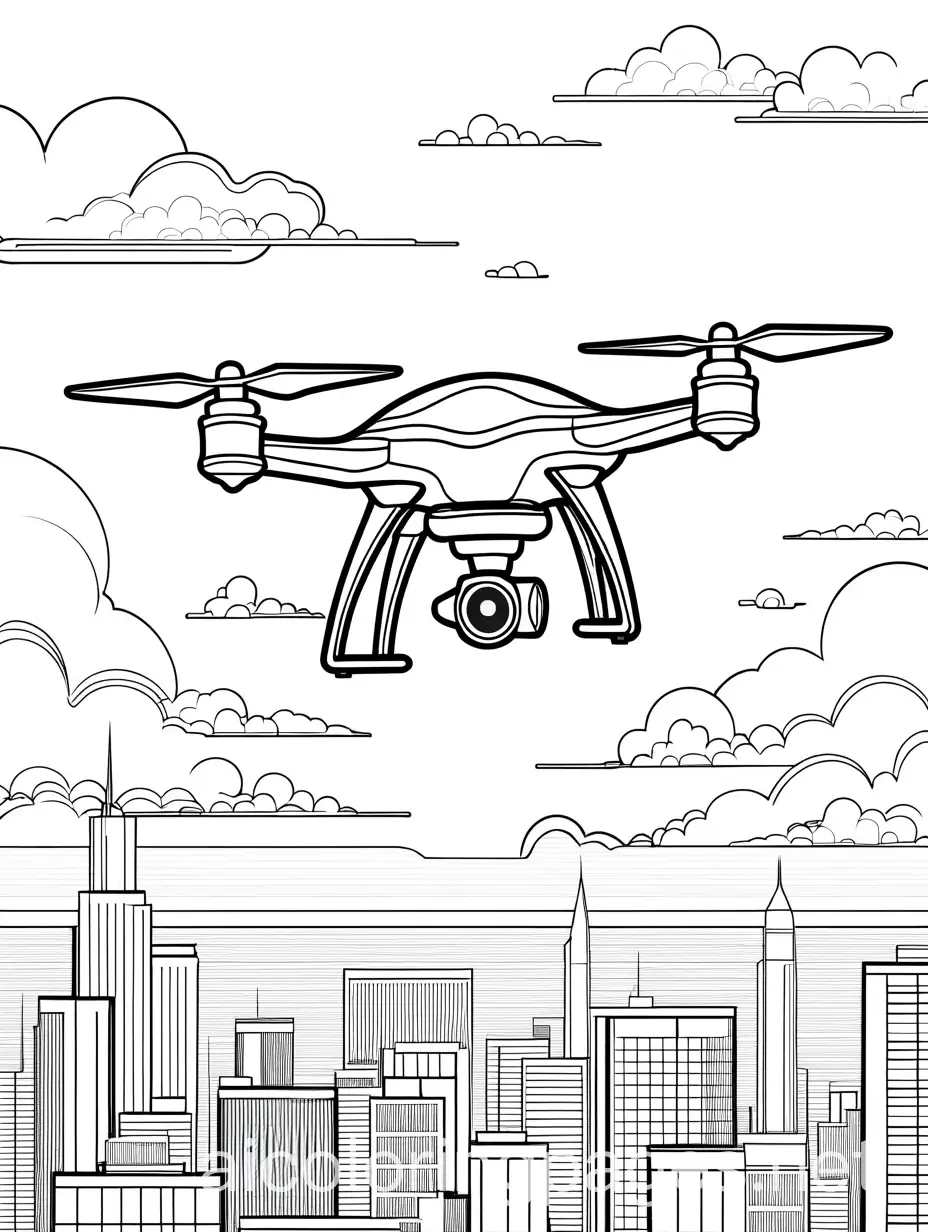 mini drone flying in the sky, Coloring Page, black and white, line art, white background, Simplicity, Ample White Space