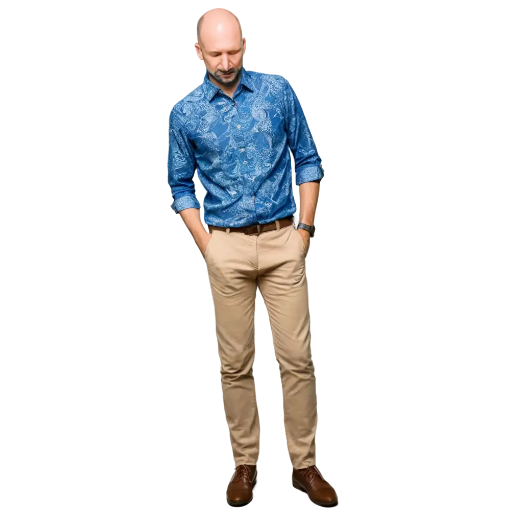 PNG-Image-of-a-Bald-Male-Teacher-in-a-Blue-Batik-Shirt-with-Closed-Eyes-HighQuality-Transparent-Background