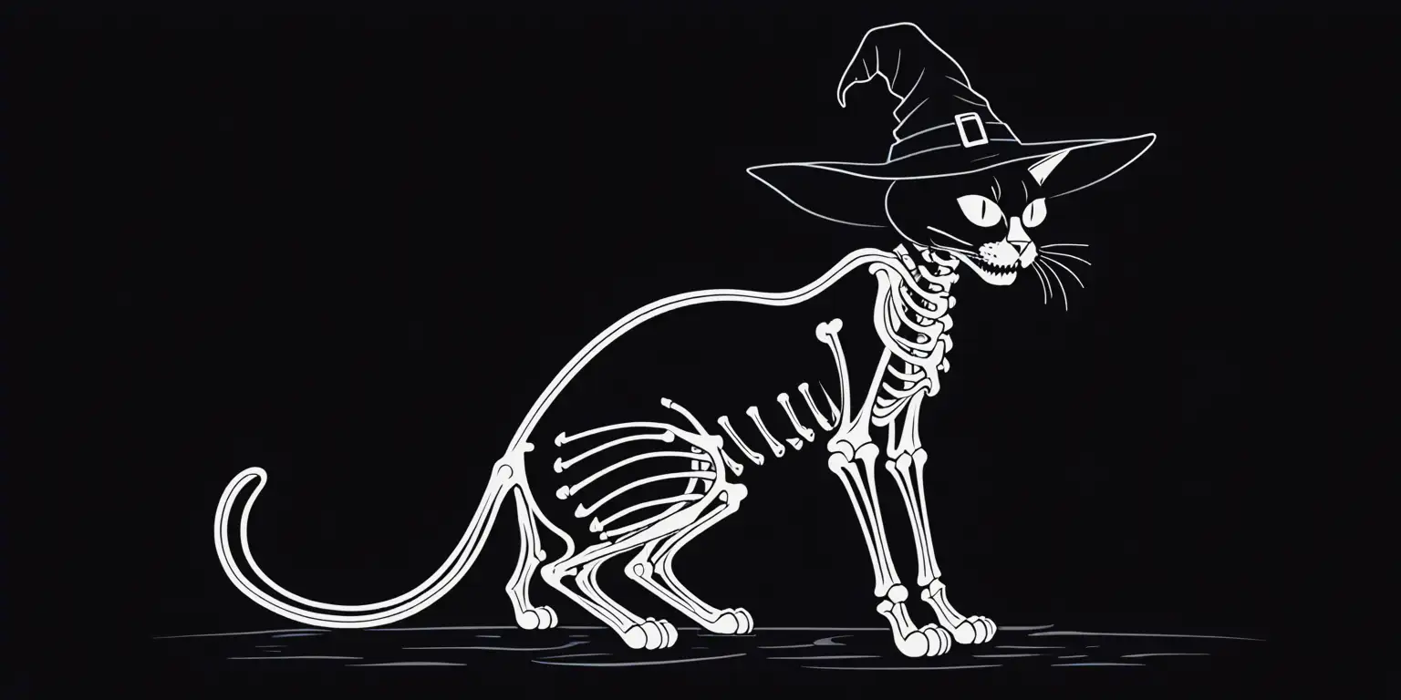 Skeletal Cat Wearing Witchs Hat