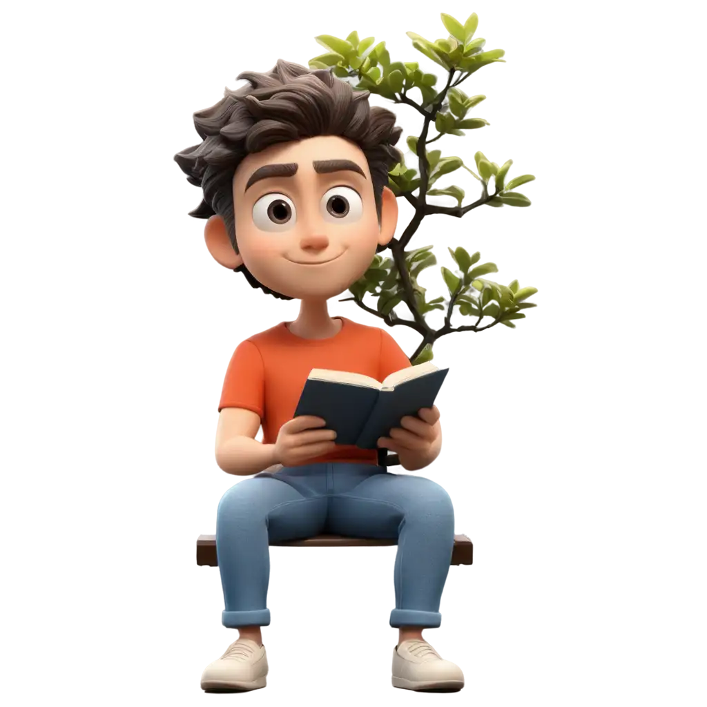 Bonsai-Tree-Character-Animation-Relaxing-While-Reading-a-Book-HighQuality-PNG-Image-for-Creative-Projects