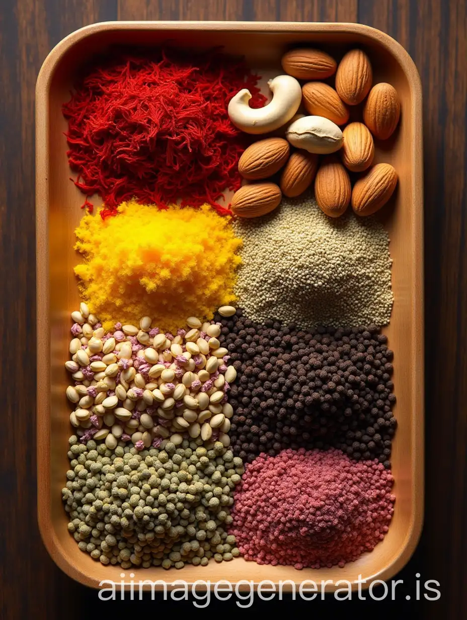 Flat-Lay-of-Saffron-Nuts-and-Spices-on-Wooden-Tray-with-Soft-Lighting