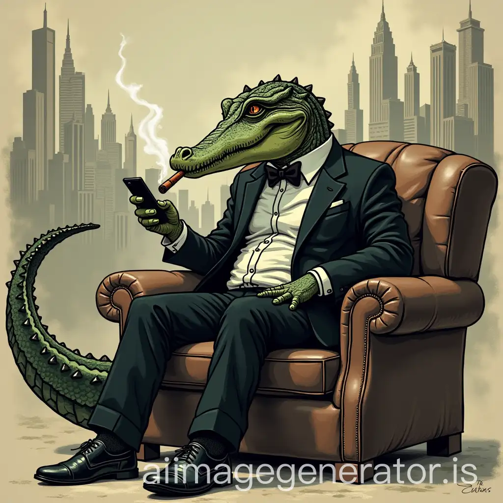 Grand alligator with human appearance smoking a cigar. The alligator is dressed in black shoes and black suit, in rear plan there is a city with big buildings, the alligator looks at his phone while smoking his cigar