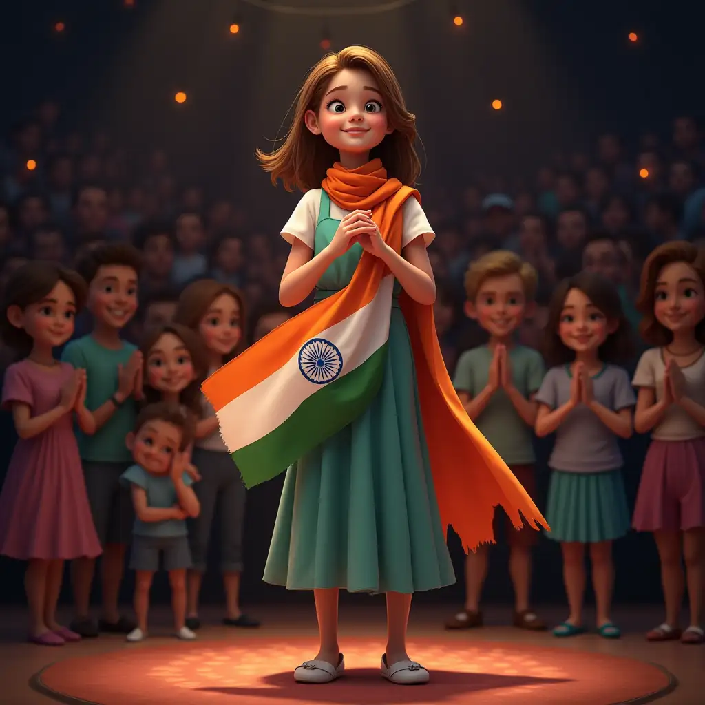 A 5'9 feet ,girl, stage, people,applause, wearing Indian flag , award, proud moment