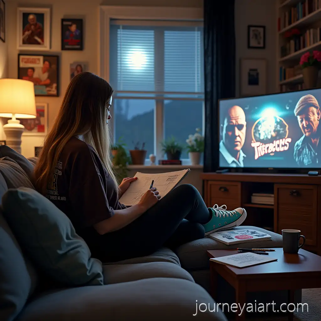 Woman-Drawing-in-Retro-Living-Room-with-1980s-Movie-Posters-and-Soft-Lighting