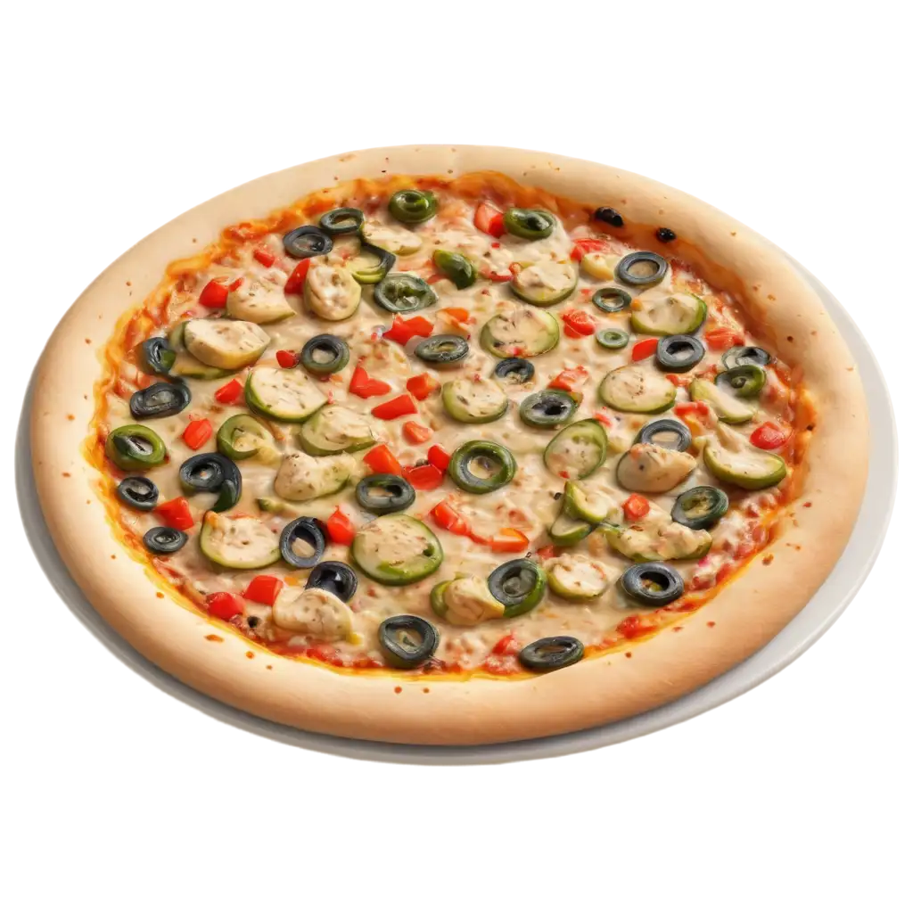 A chicken and vegitable rich pizza in a plate very realistic, view on top of plate, realistic camara view, add shadow, top view shot