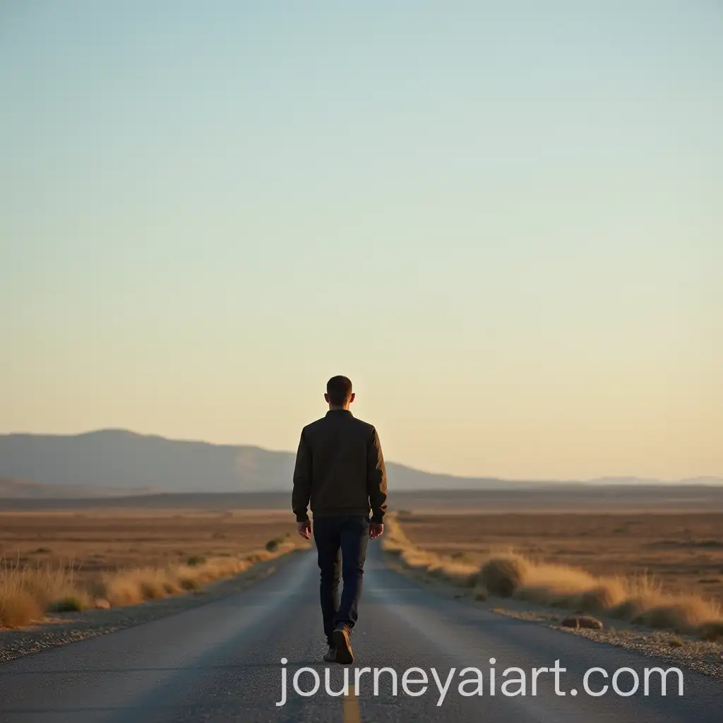 Man-Standing-on-the-Road-with-Steppe-Landscape-in-the-Background