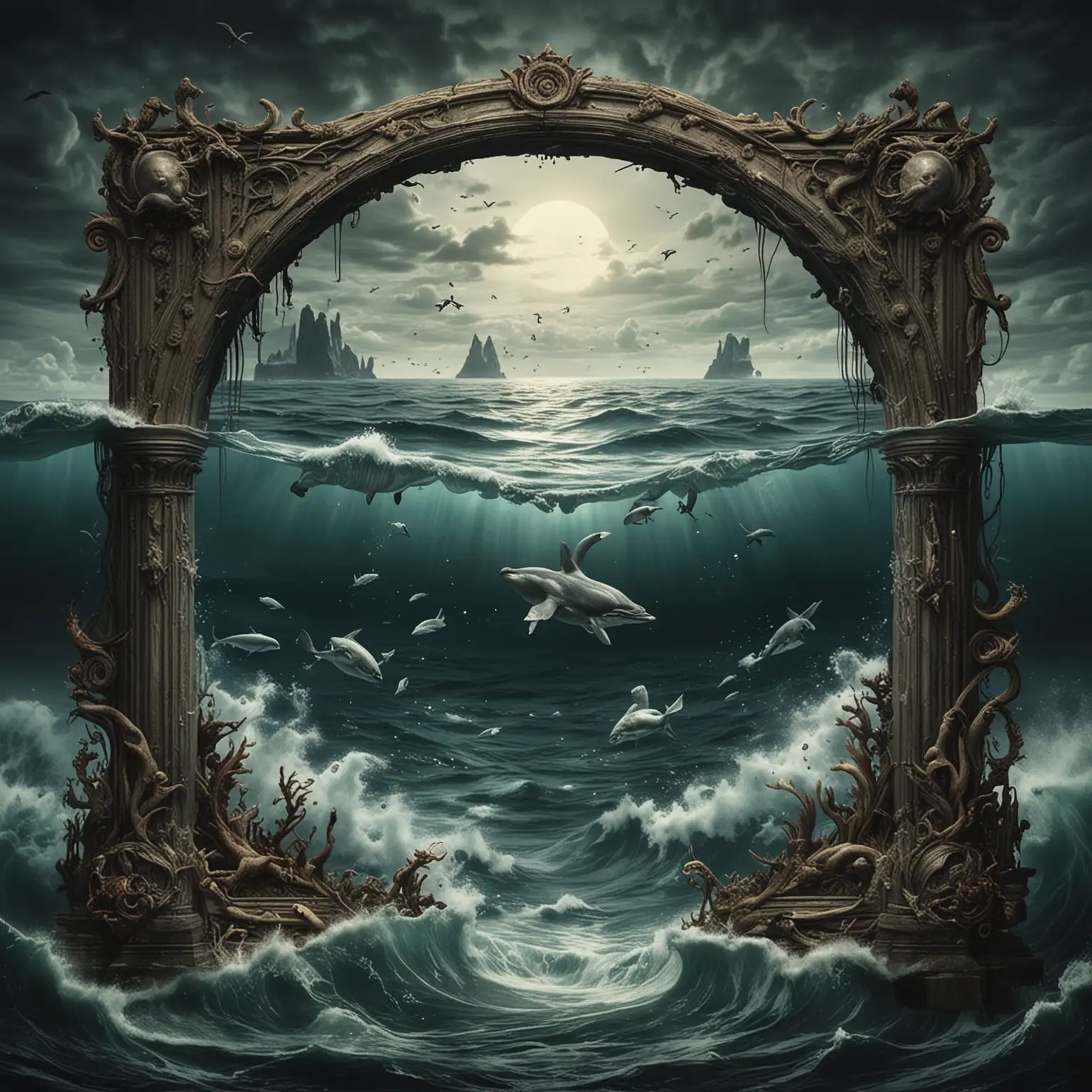 Surreal Ocean Borders Ethereal Artwork Featuring Marine Animals