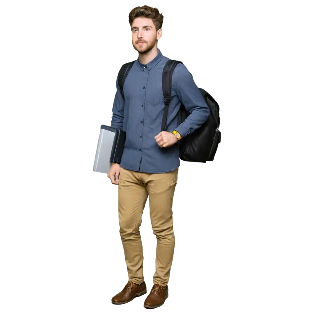 A university student, with a light beard, a laptop bag on his back.