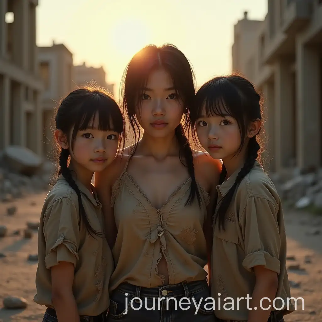 Asian-Woman-and-Two-Girls-in-a-PostApocalyptic-City-Radiating-Hope-Amidst-Ruins