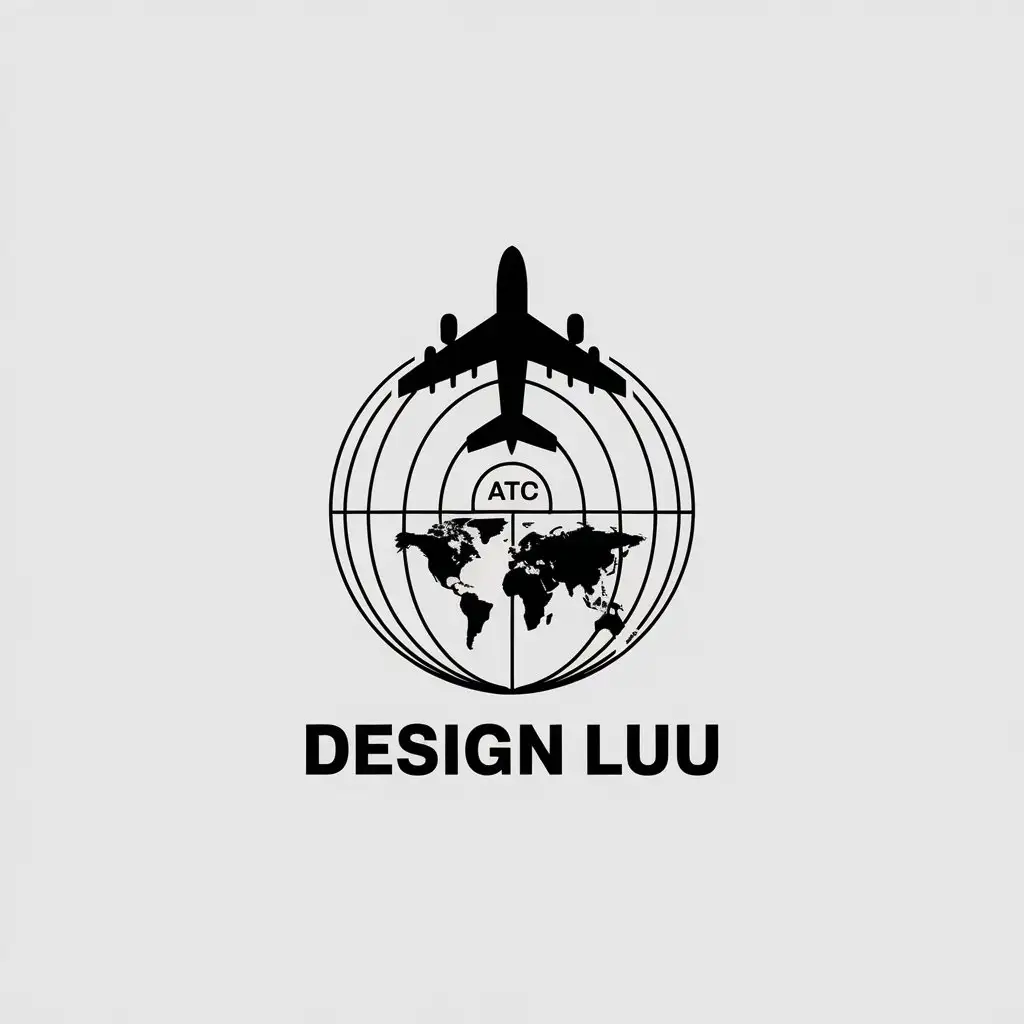 a vector logo design,with the text "DESIGN LUUU", main symbol:AIRPLANE,ATC, WORLD MAP,Minimalistic,clear background