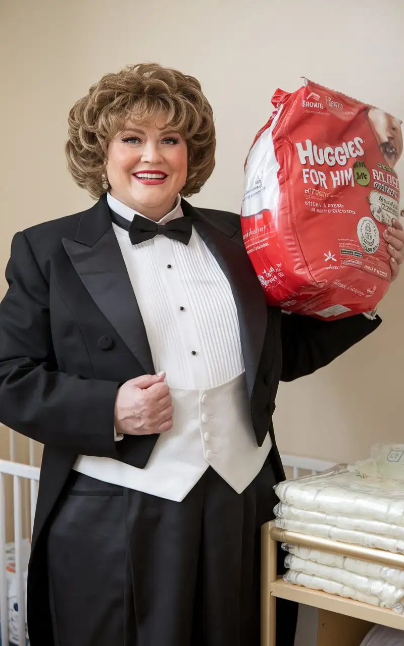 Smiling-MiddleAged-Caucasian-Woman-in-Formal-Tuxedo-Holding-Huggies-Package-in-Nursery