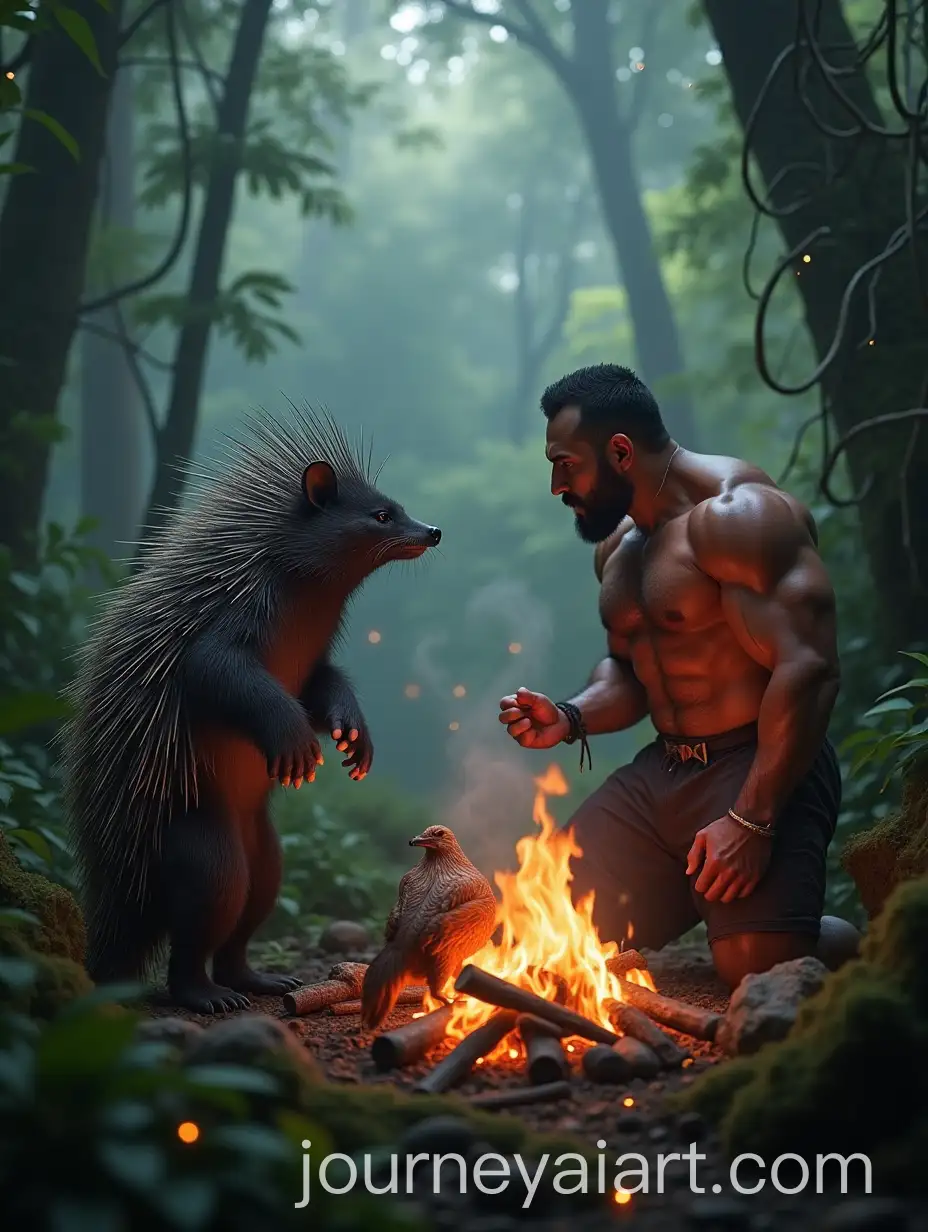 Human-and-Porcupine-Aggressive-Standoff-Cooking-Chicken-in-Amazon-Rainforest