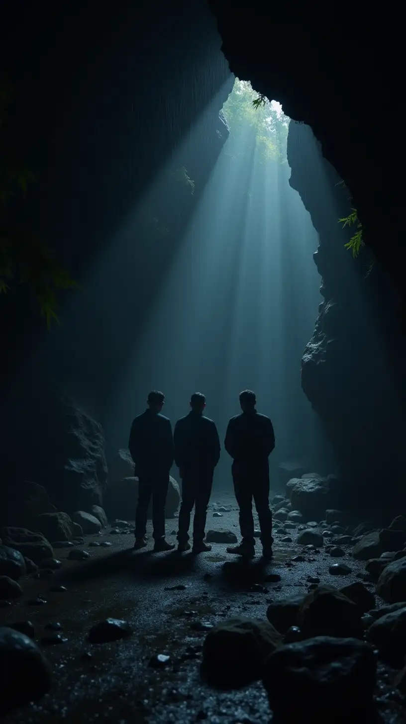 Three Men Trapped in a Dark Cave During a Storm