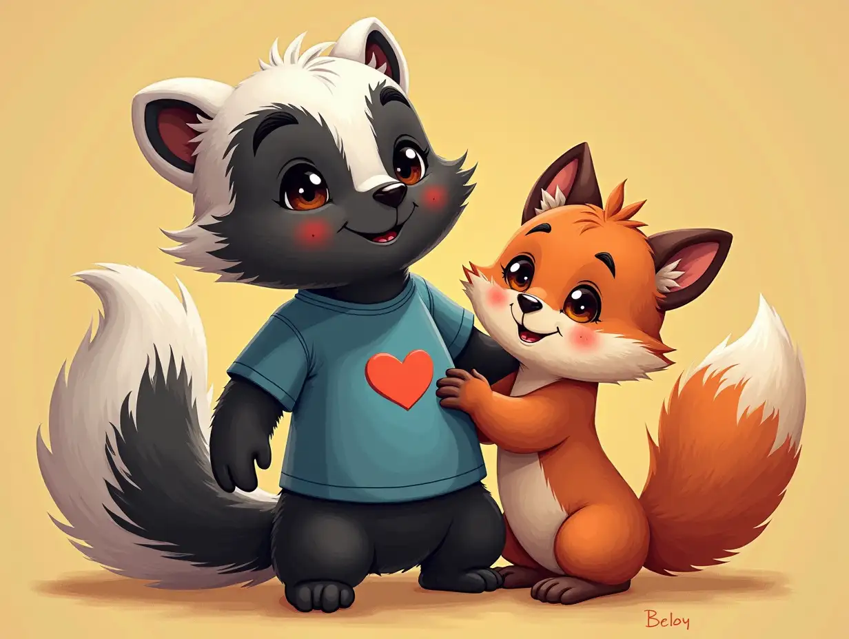 kind-and-loving-skunk mother wears a kind-and-loving-shirt. her kind-and-loving-fox babyson wears a kind-and-loving-shirt.