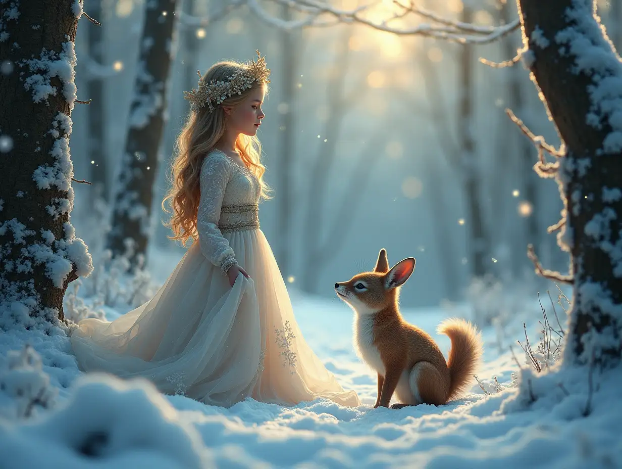 beautiful artwork, fascinating, adorable; detailed, with volumetric realistic textures, cinematic lighting, image depth. Beautiful Russian Snow Maiden in enchanted christmas forest, surrounded by little woodland creatures. Flawless features, fascinating. extreme high quality, sharp and smooth. Vibrant. Touch of Gustav Klimt, Jean Baptiste Monge