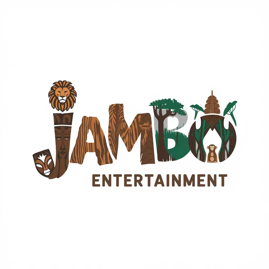 LOGO Design for Jambo Entertainment Lion African Mask Sacred Temple and Jungle Theme with Engraved Wood and Monkey Symbolism