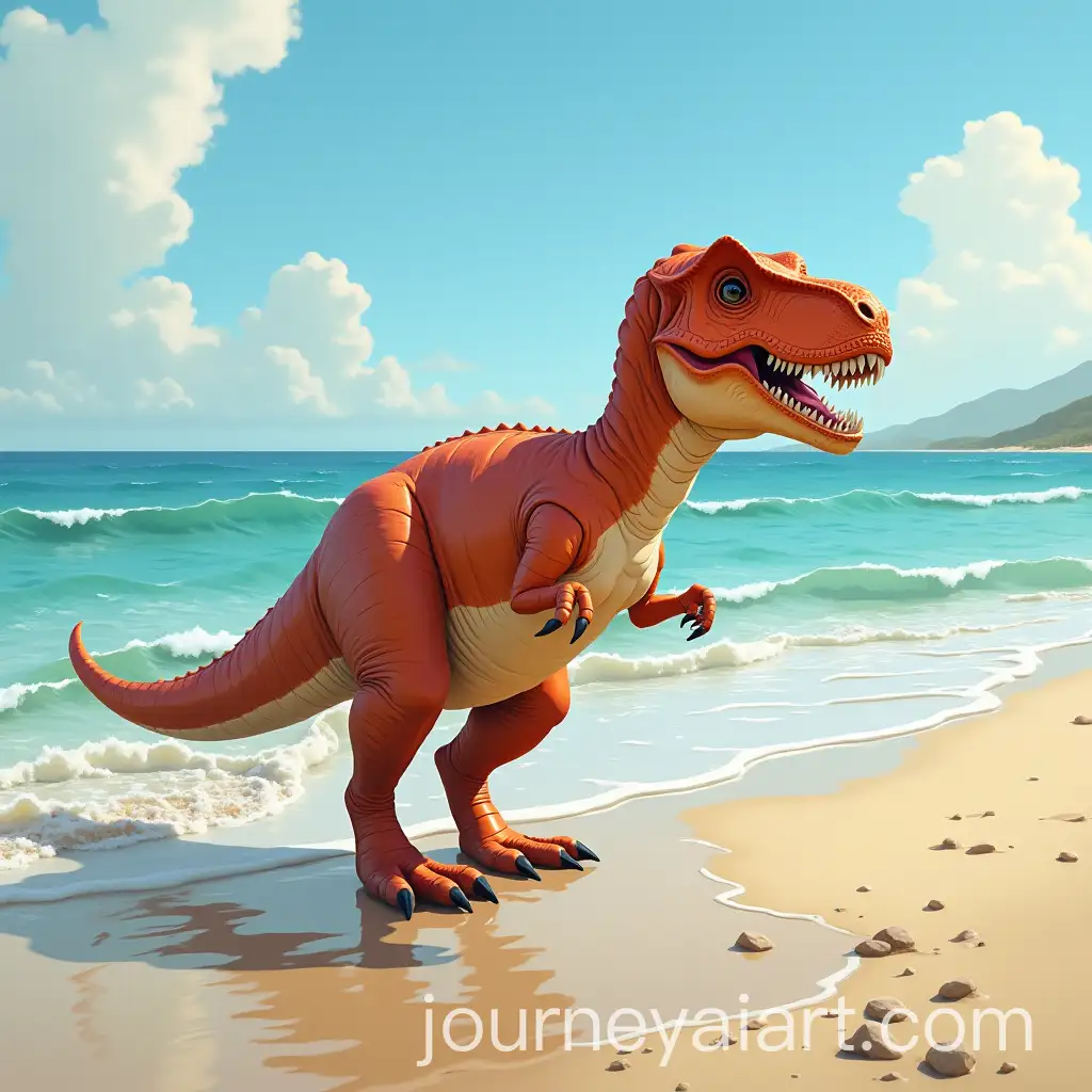 TRex-Dinosaur-on-the-Beach-with-Vibrant-Sunset