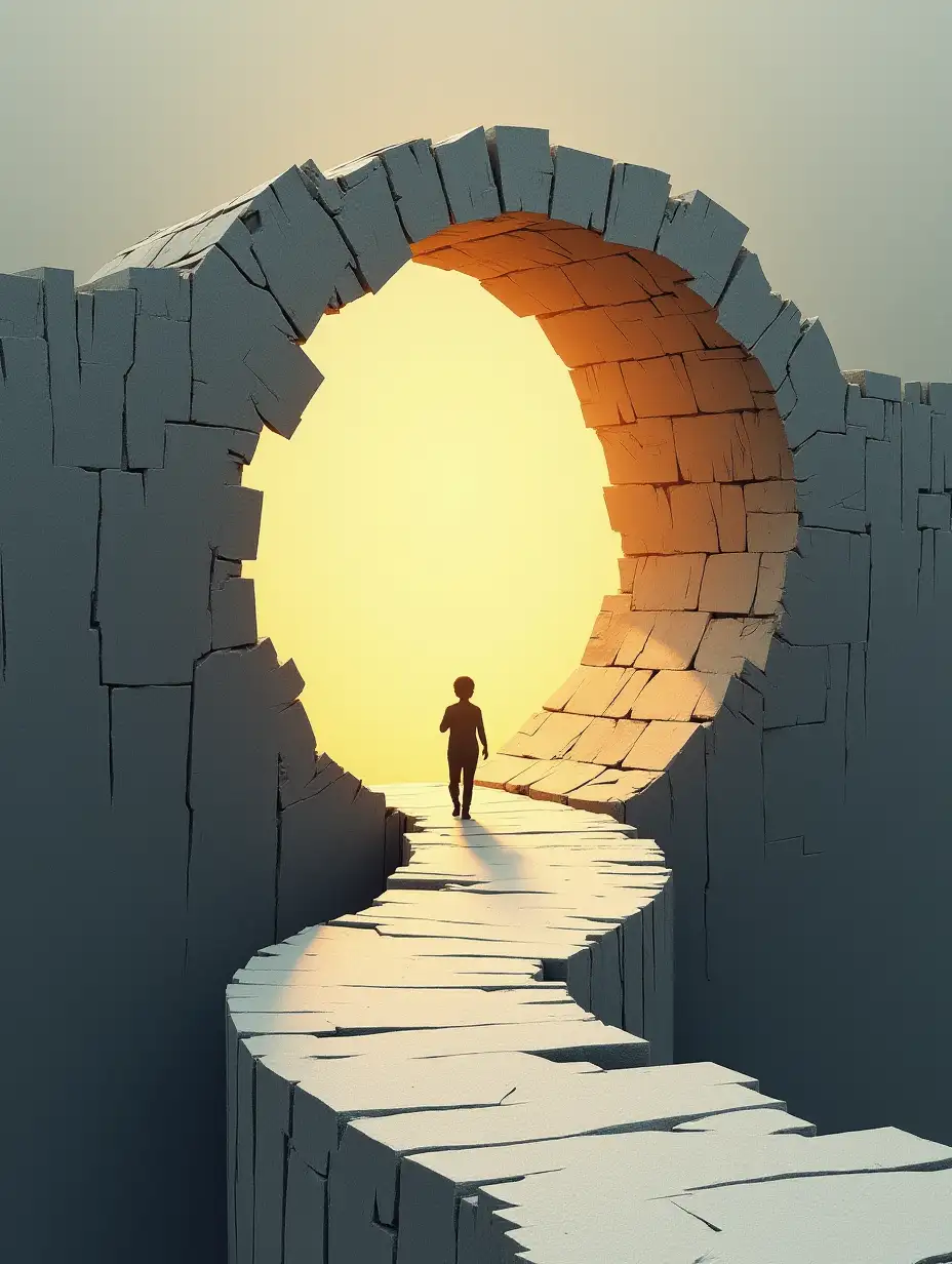 Create an abstract, illustrated, artistic visual of a small minimalist figure walking along a fragmented, circular path made of torn paper or jagged barricades, symbolizing displacement and blocked access to safety. The walls along the circular path are uneven and dark gray, representing obstacles like borders and inequality. Toward the end of the path, a tiny crack reveals a warm golden light breaking through, symbolizing the hope for refuge. The image should be in portrait/vertical format.