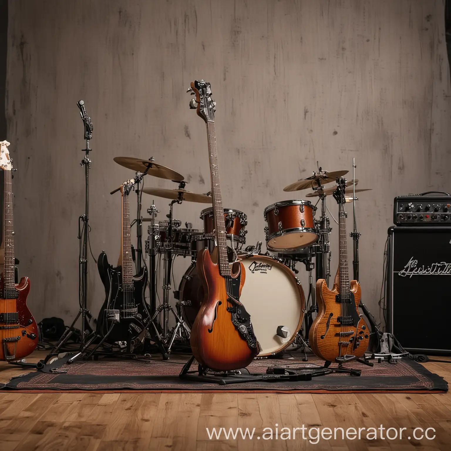 Musical-Band-with-Drums-Electric-Guitar-and-Bass-Guitar-in-Studio-Setup