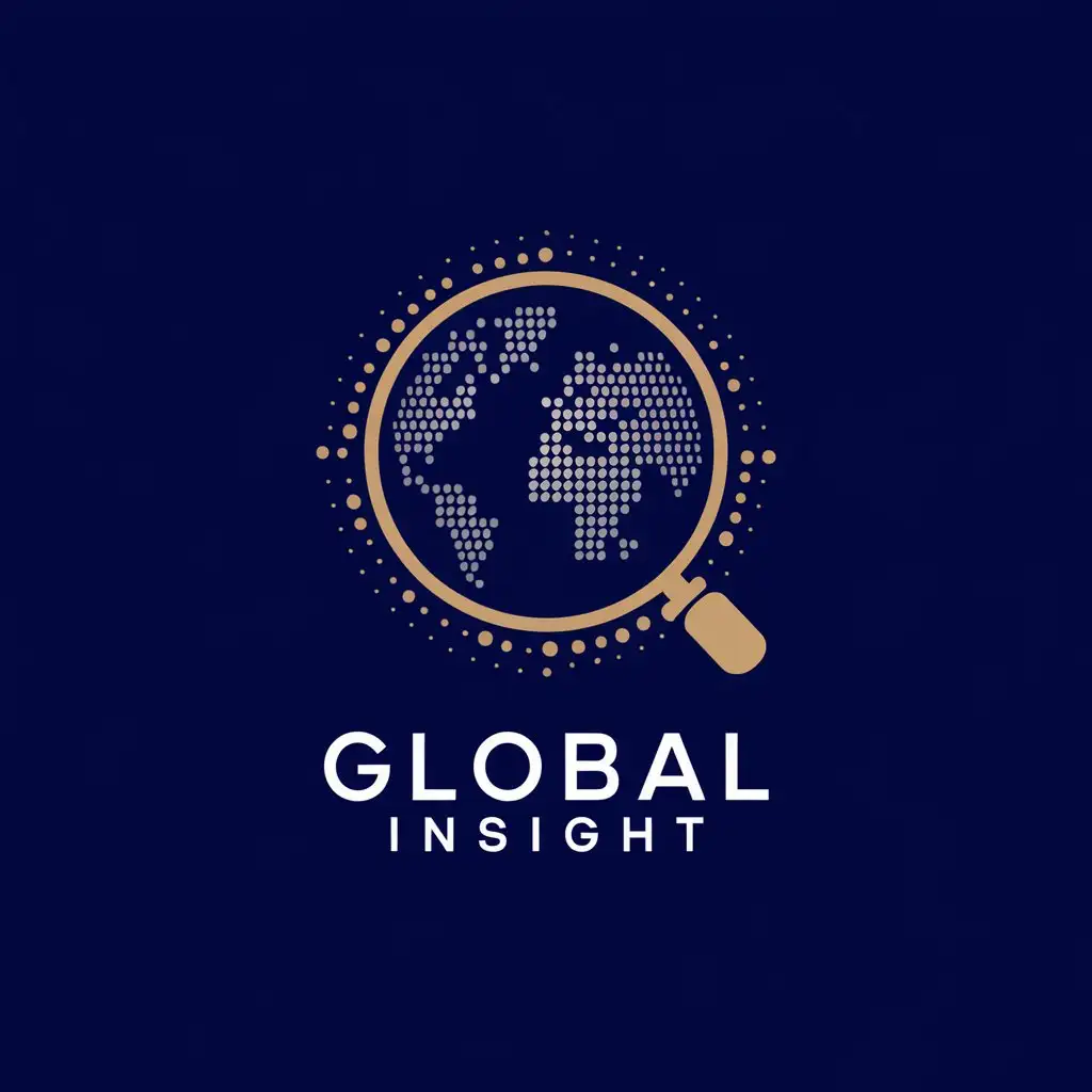 LOGO Design for Global Insight Deep Blue Gold with World Map and Magnifying Glass Theme