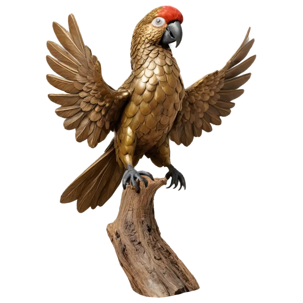 Bronze-Color-Parrot-Sculpture-PNG-Detailed-Artwork-of-a-Parrot-SpreadingPNG-Image-SEO-Strategy-Its-Arms-on-an-Abandoned-Tree-Log