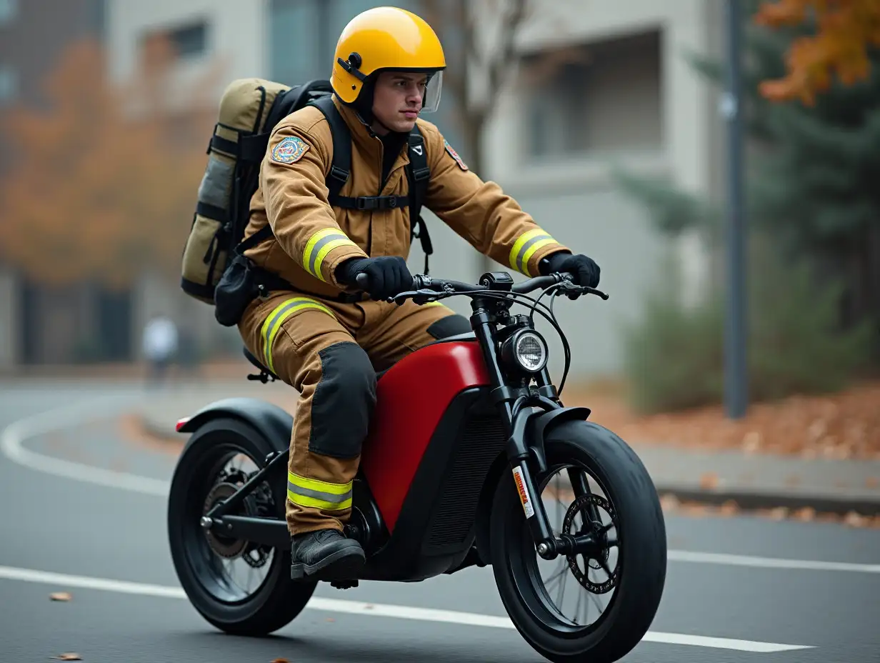 hyperrealistic photo of firefighter side look riding electric bicycle , he not wear helmet