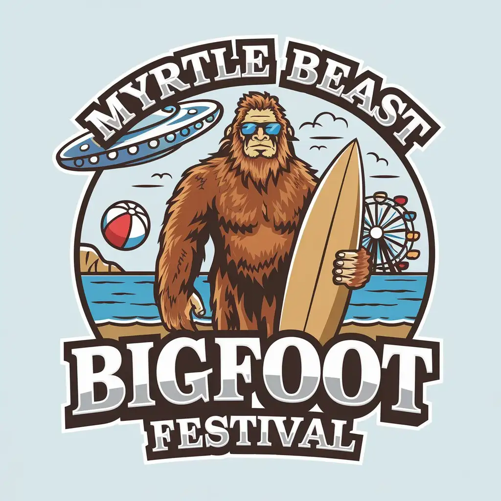 LOGO Design for Myrtle Beast Bigfoot Festival Bigfoot with Sunglasses Surfboard UFO and Beach Theme