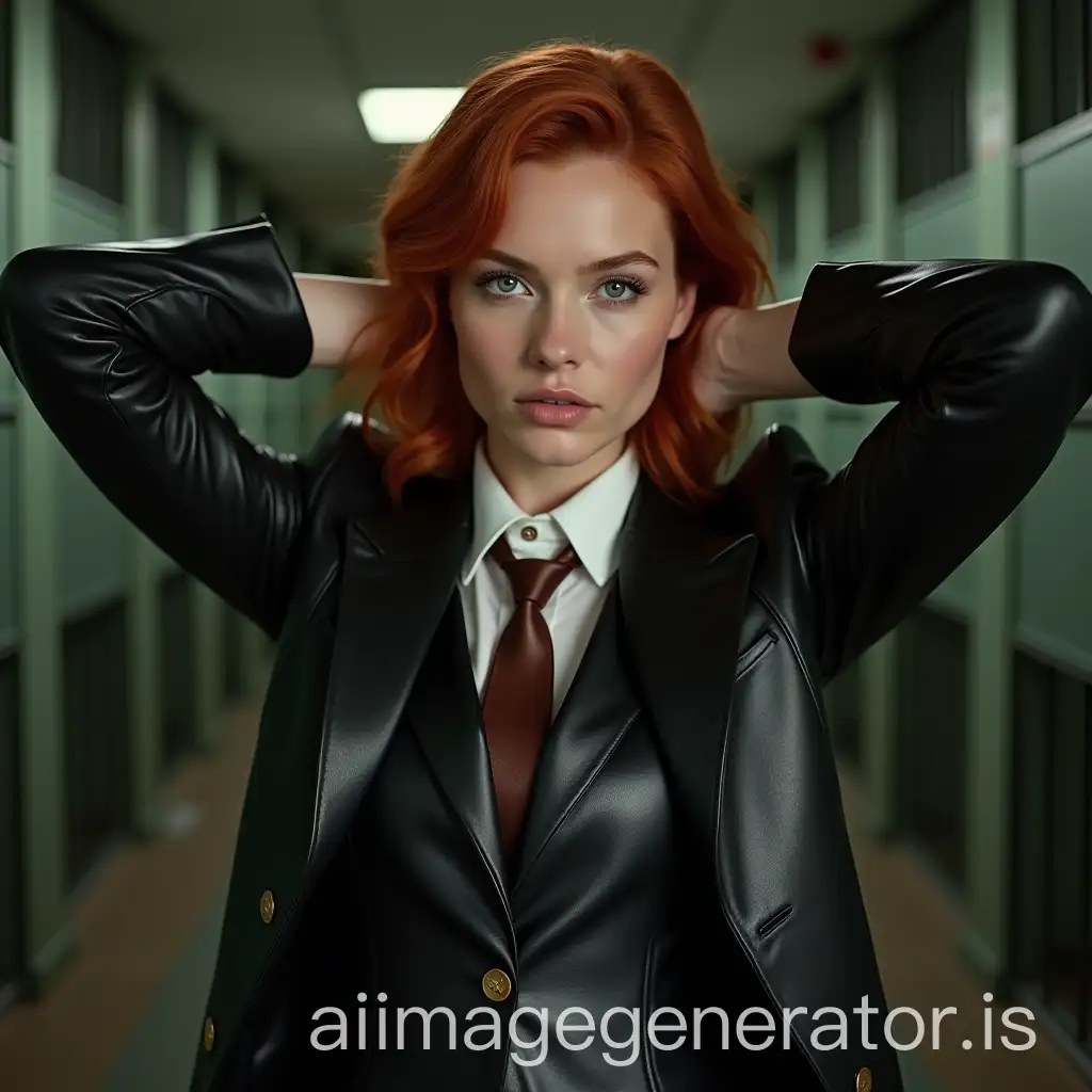 Confident-Irish-Woman-in-Leather-Suit-in-Prison-Setting