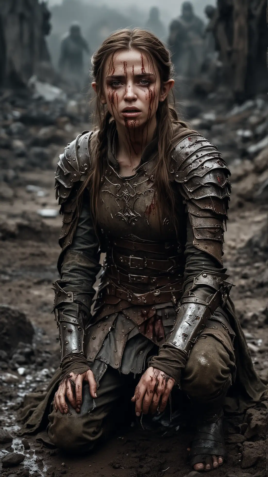 Elf princess with brown hair and light damaged armour wounded with a heavily bruised face, gruesome wounds, battle worn, blackened eyes, covered in blood and dirt, who is kneeling on a desolate battlefield at a dark night. She is suffering with closed eyes and tortured with agonizing pain.