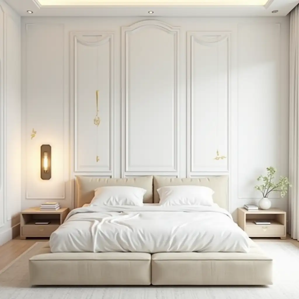 A large modern-style bedroom, in white colors, wall in the background with white square panels, between the panels, different shapes, gold insert in the middle of beige bed with soft headboard, on the wall rectangular luminaire