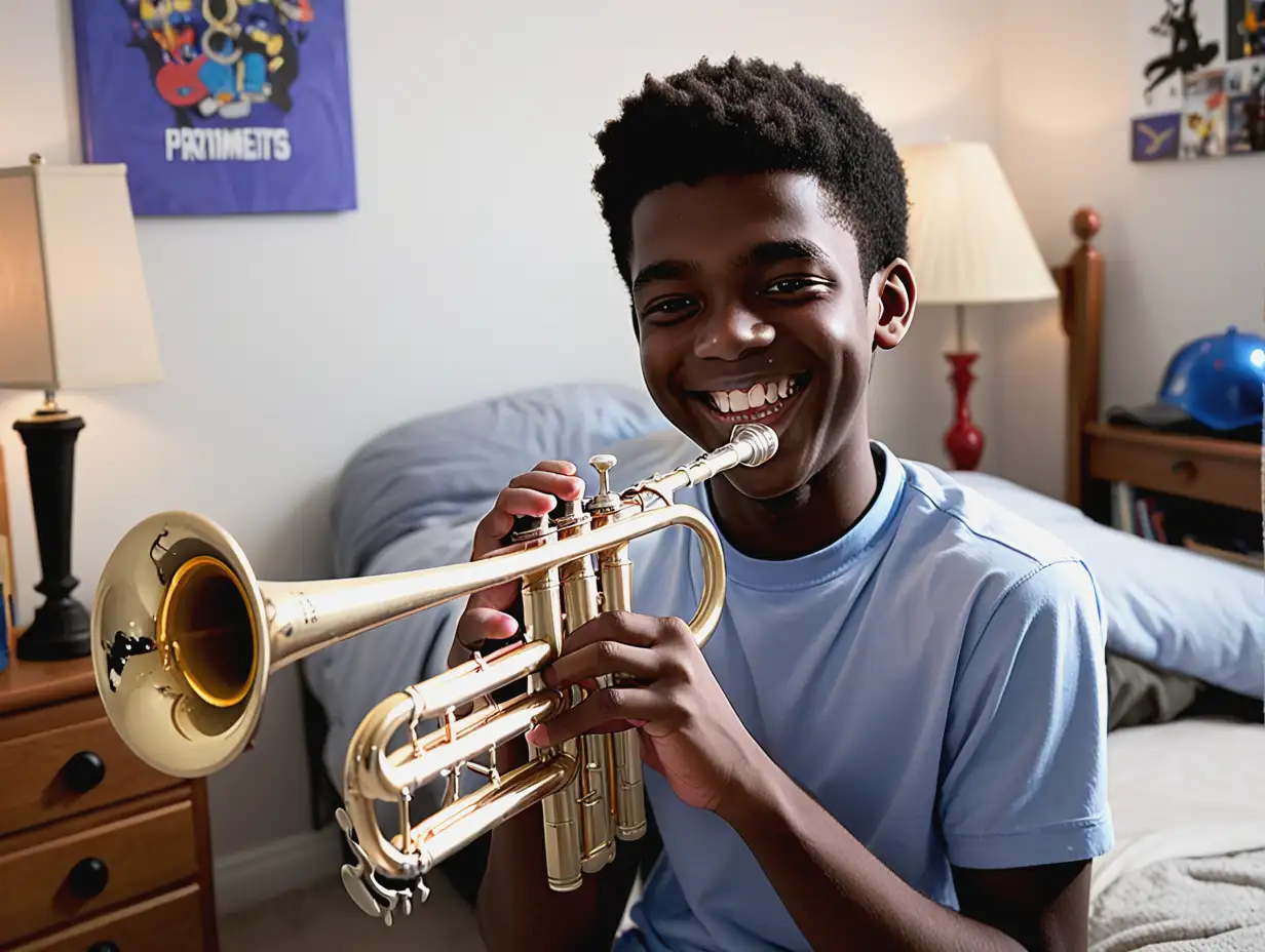 High School Student Joyfully Playing Trumpet in Bedroom