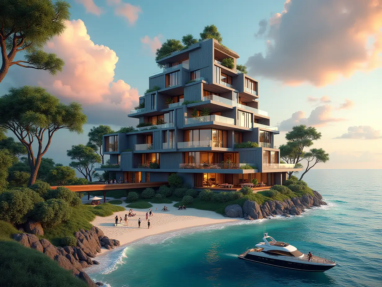 Create a high-resolution, realistic panorama image of a futuristic terrace building with window pyramid house with bridge, a yacht and a small beach with people, many plants and grey and brown facades with sea with waves, large trees, red clouds