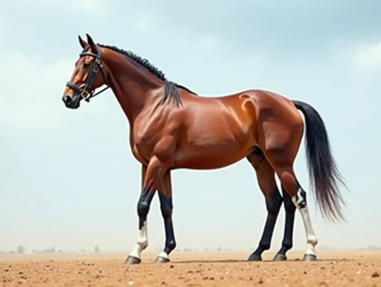 a racehorse viewed in profile entirely, standing still, hackamore on its head, all four feet on the ground, thoroughbred type, head slightly turned toward the camera, chestnut coat with shiny hair, on a light brown soil, blue sky with diffuse gray light clouds, photo realistic