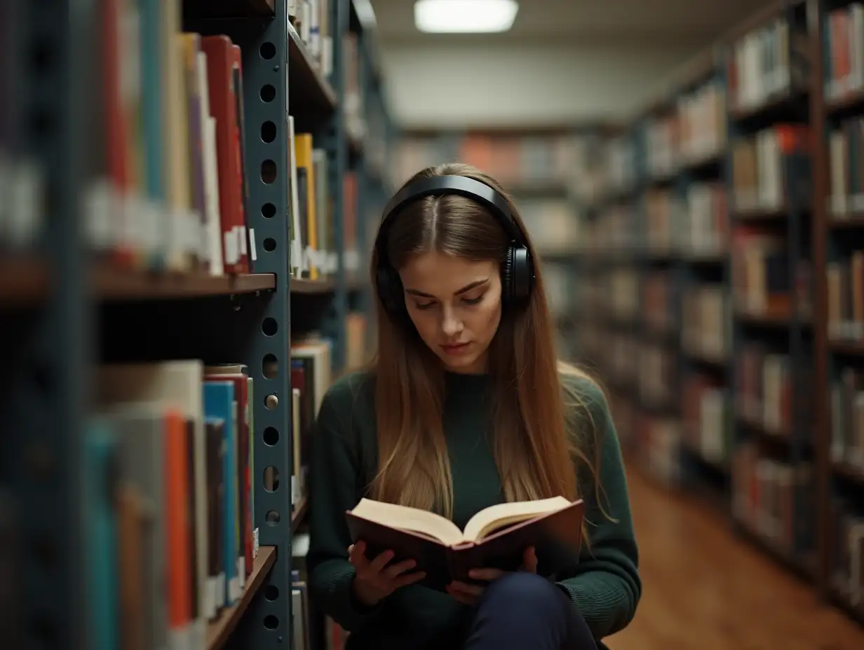 LongHaired-Woman-Enjoying-a-Book-in-a-Serene-Library