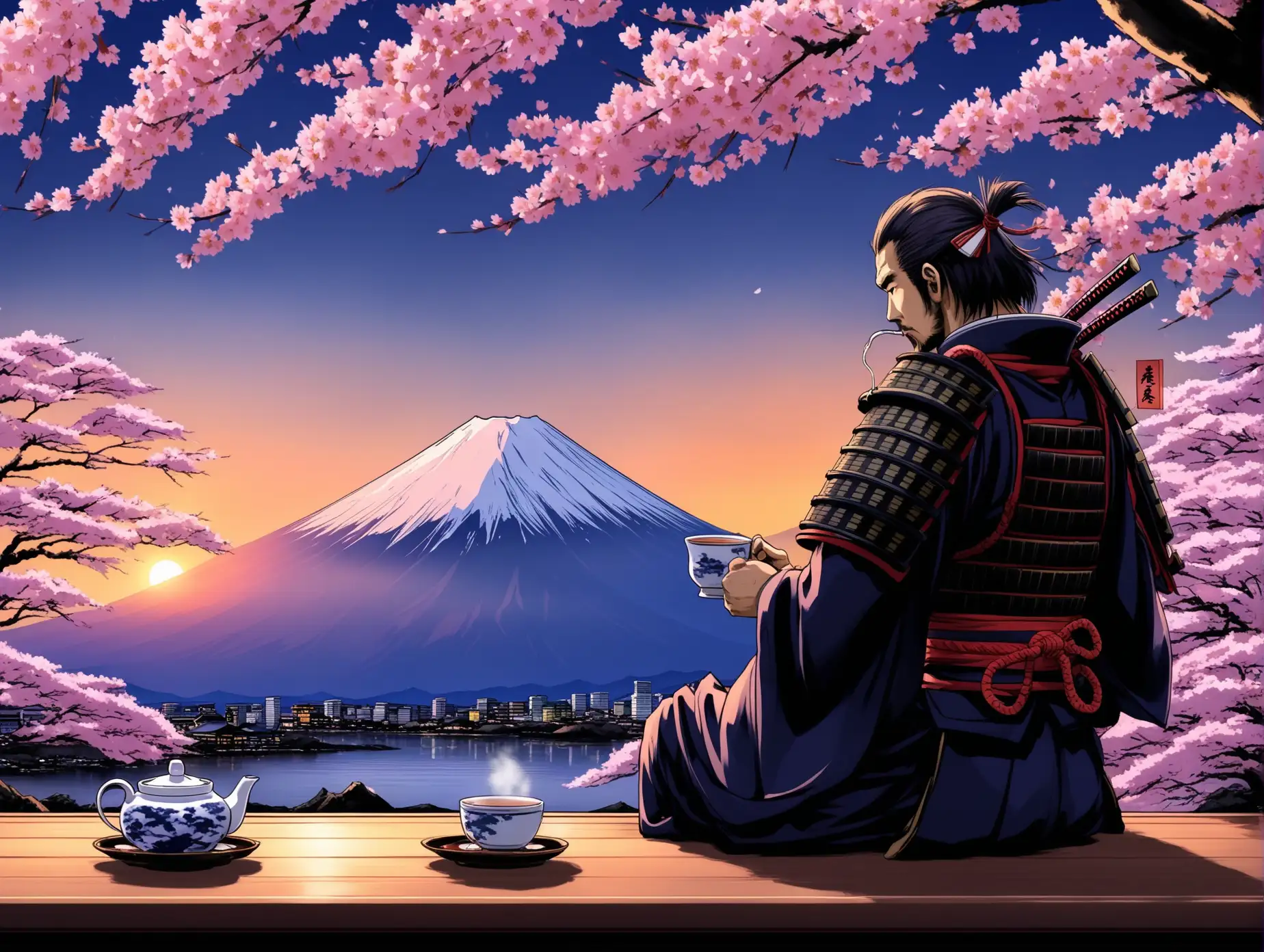 Tired samurai drinks tea under sakura in the evening with mount fuji in the background