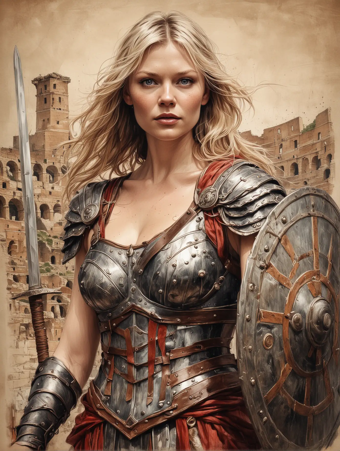 Sketch-of-Kristen-Dunst-as-Gladiator-with-Sword-and-Shield-in-Ancient-Colosseum-Arena