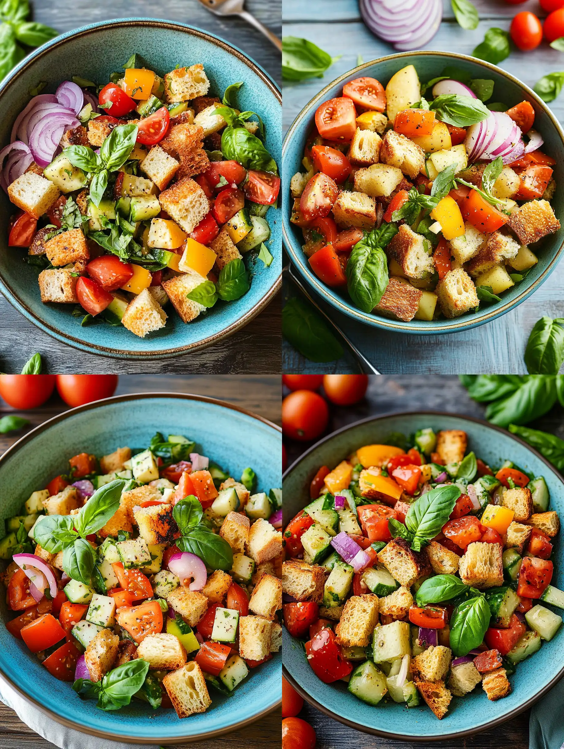 Colorful-Panzanella-Salad-in-Large-Turquoise-Bowl