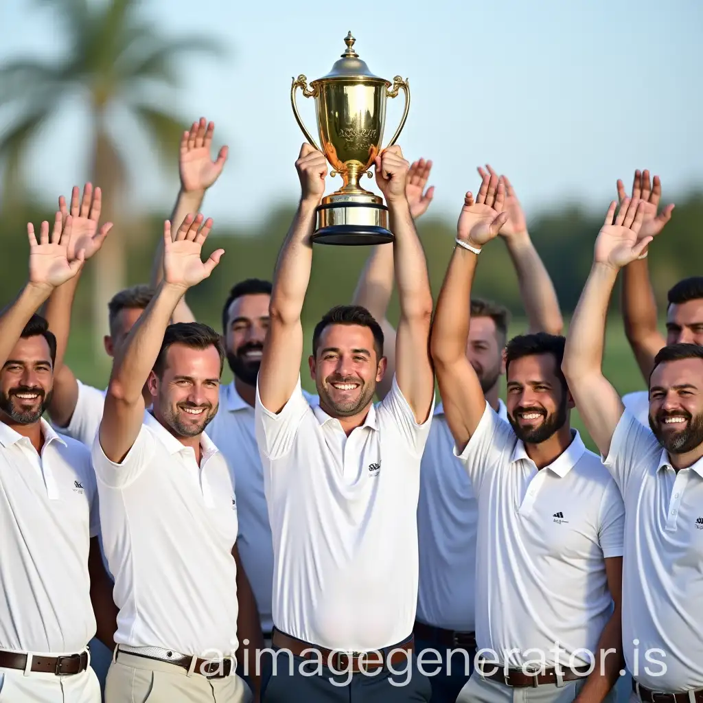 Group-of-Men-in-White-Polo-Shirts-Raising-Hands-in-Victory-Pose