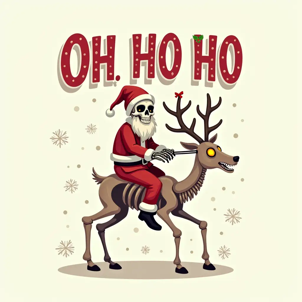 Create a humorous Christmas-themed graphic featuring a skeleton riding a skeletal reindeer. The skeleton should be dressed as Santa Claus, complete with a hat, beard, and belt. The reindeer should have glowing eyes and antlers adorned with holly. The text 'OH HO HO' should be prominently displayed in bold, contrasting fonts, with a playful, handwritten style. The background should be a light, neutral color with snowflakes scattered around. Consider adding other festive elements, such as a Christmas tree or presents, to enhance the visual appeal. The overall style should be lighthearted and fun, with a touch of irony.