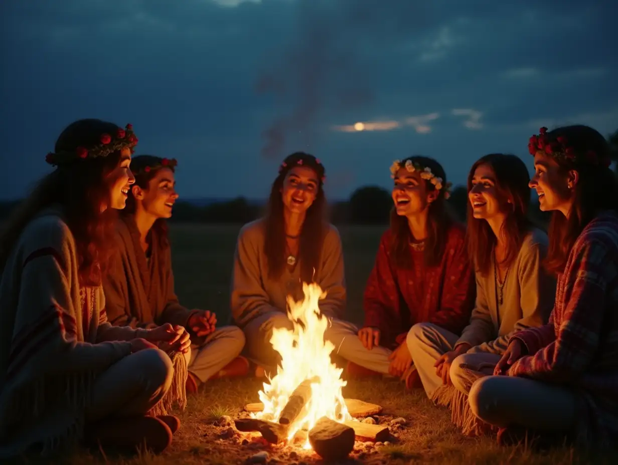 Group-of-People-SingingFirelit-Gathering-Harmony-Around-Bonfire-in-Twilight-Meadow-with-Firelight-Glow