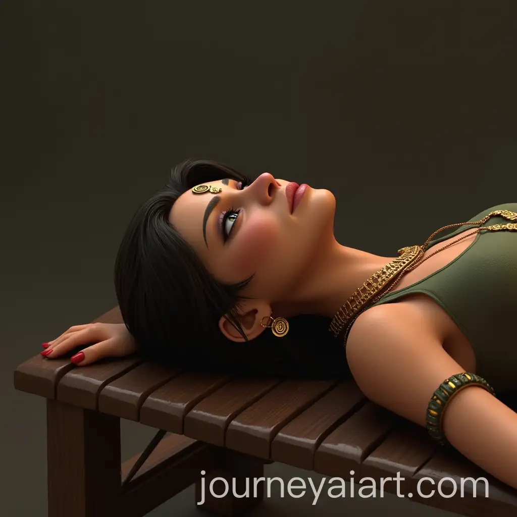 Female-Character-in-Green-Tank-Top-and-Khaki-Pants-Resting-on-Wooden-Bench