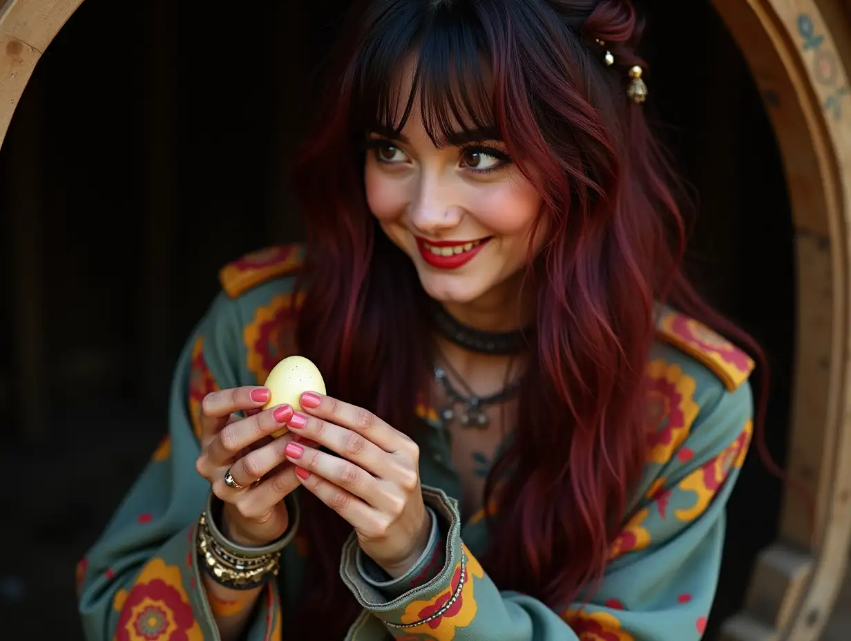 user_prompt: Hyperrealistic representation of a beautiful white woman smiling with -tattoo, futuristic long black-red checked hair and mountain boots, playing in the chicken coop with egg a sweet look at elaborate, colorful and futuristic jewelry. Background blurred, black 120-mm shot