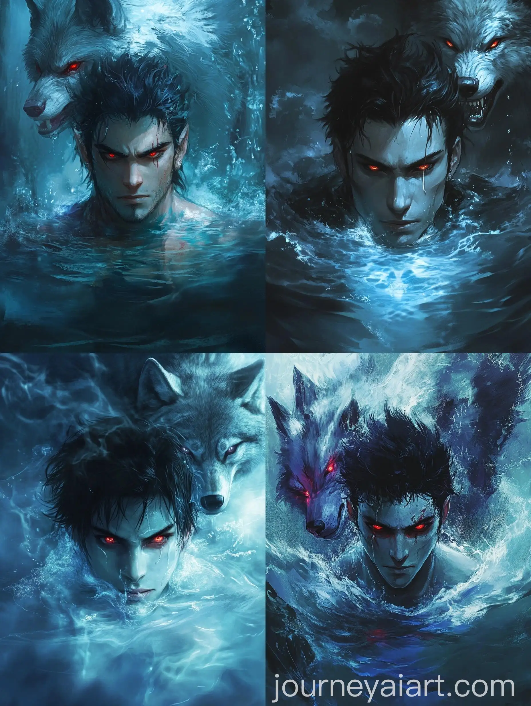 Man-with-Black-Hair-and-Red-Eyes-Standing-in-Water-with-Wolf-Spirit