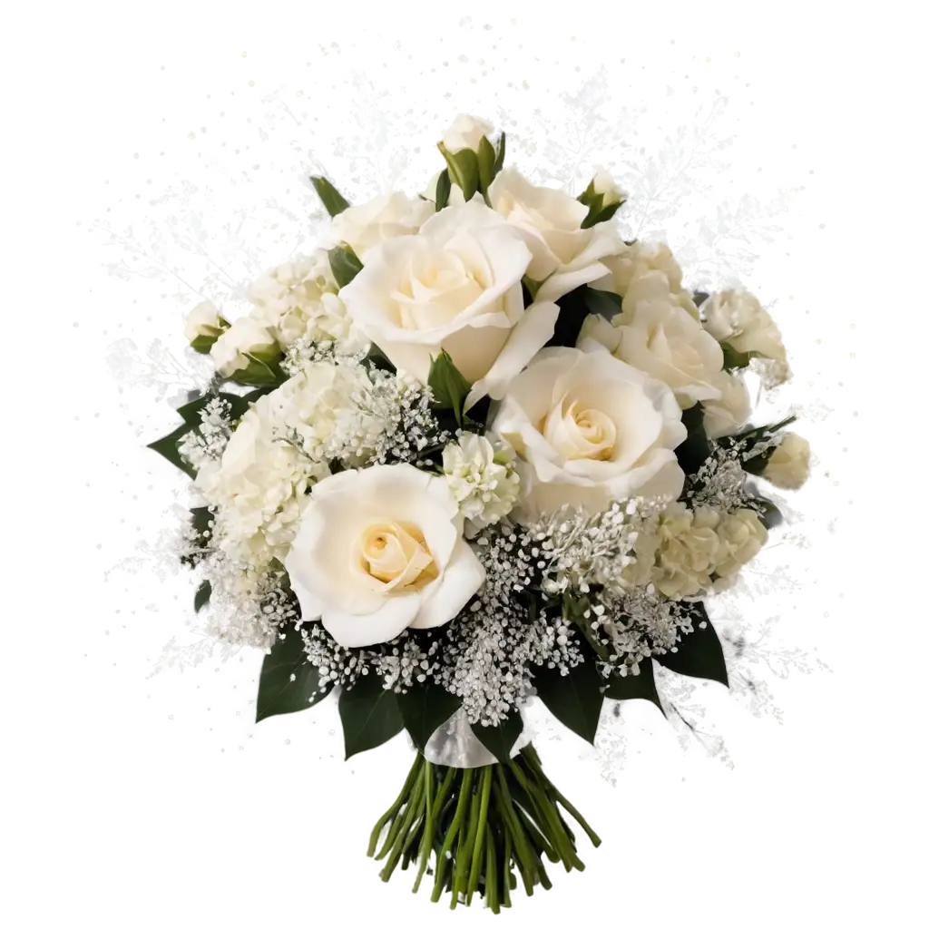 An elegant bouquet of flowers  with a White flake in enhance. Sparkles and glitter around.