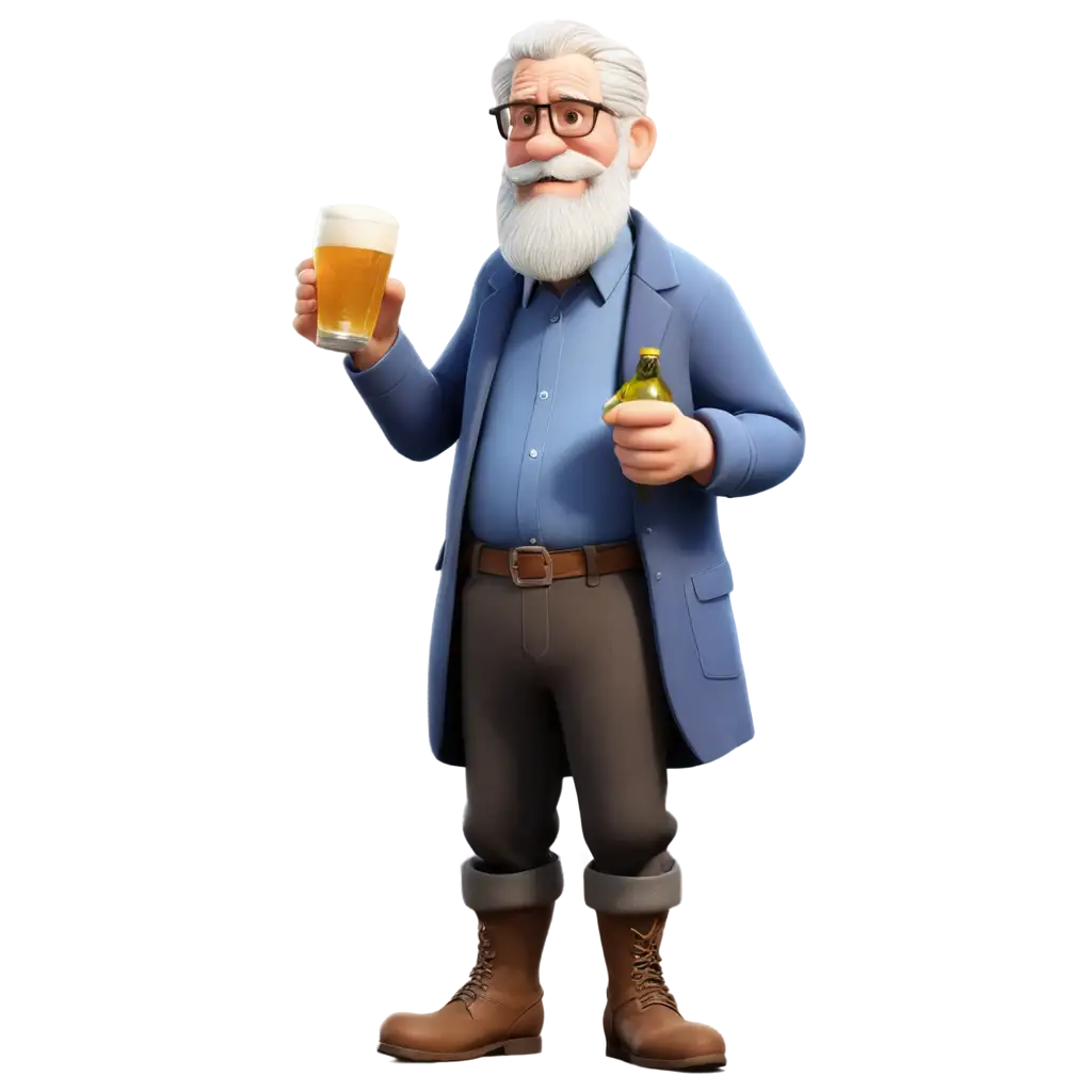 Old-Man-with-White-Hair-and-White-Beard-Holding-a-Pint-of-Beer-in-Pixar-Style-PNG-Image